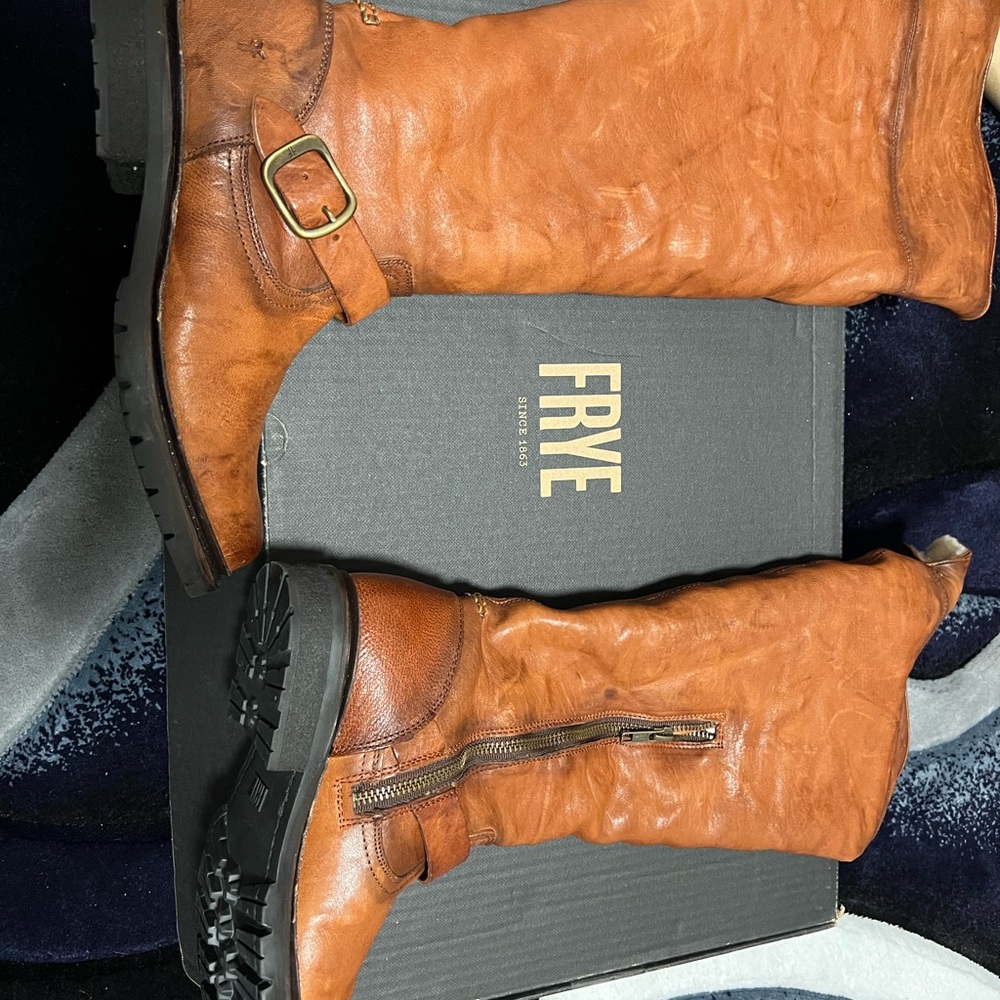 Frye Tan Leather Tall Boots with Buckle Detail